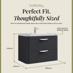 Balterley Contemporary Wall Hung 2 Drawer Bathroom Vanity Unit, Dark Grey, 810mm in Grey - thumbnail 5