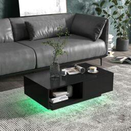 Costway Coffee Table w/LED Lights Modern High Gloss Rectangle Table Remote Control in Black - thumbnail 4