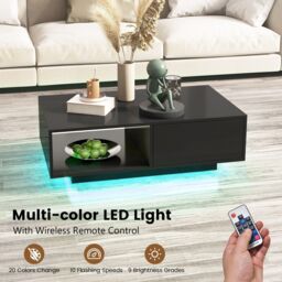 Costway Coffee Table w/LED Lights Modern High Gloss Rectangle Table Remote Control in Black - thumbnail 8