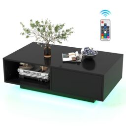 Costway Coffee Table w/LED Lights Modern High Gloss Rectangle Table Remote Control in Black - thumbnail 1
