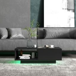 Costway Coffee Table w/LED Lights Modern High Gloss Rectangle Table Remote Control in Black - thumbnail 6