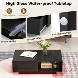 Costway Coffee Table w/LED Lights Modern High Gloss Rectangle Table Remote Control in Black - thumbnail 7
