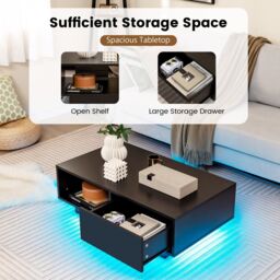 Costway Coffee Table w/LED Lights Modern High Gloss Rectangle Table Remote Control in Black - thumbnail 9