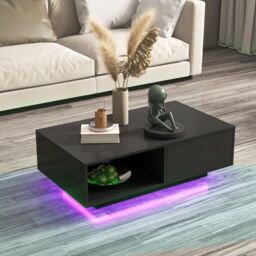 Costway Coffee Table w/LED Lights Modern High Gloss Rectangle Table Remote Control in Black - thumbnail 5