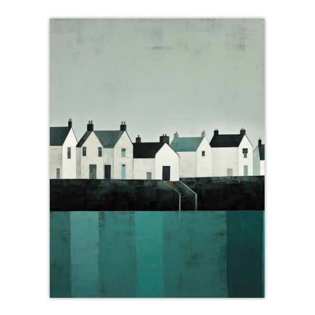 "Wee Blue Coo Wall Art Print Scottish Harbour Morning Grey Sky Quiet Sea Town Teal Blue Grey Oil Painting Poster - Size: W18"" x H24""" - image 1