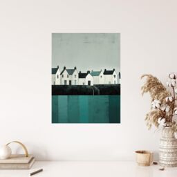 "Wee Blue Coo Wall Art Print Scottish Harbour Morning Grey Sky Quiet Sea Town Teal Blue Grey Oil Painting Poster - Size: W18"" x H24""" - thumbnail 4
