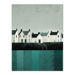 "Wee Blue Coo Wall Art Print Scottish Harbour Morning Grey Sky Quiet Sea Town Teal Blue Grey Oil Painting Poster - Size: W18"" x H24""" - thumbnail 1