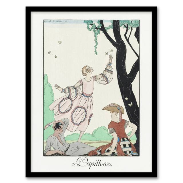 Artery8 Butterflies Picnic Fashion Barbier Vintage Framed Wall Art Print in White - Size: A4 - image 1