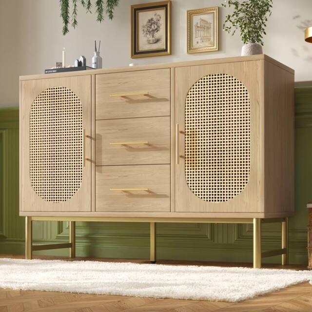 BTM Rattan Sideboard Cabinet 2 Doors 3 Drawers Anti Tip Storage Oak in Natural - image 1