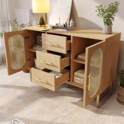 BTM Rattan Sideboard Cabinet 2 Doors 3 Drawers Anti Tip Storage Oak in Natural - thumbnail 8