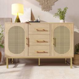 BTM Rattan Sideboard Cabinet 2 Doors 3 Drawers Anti Tip Storage Oak in Natural - thumbnail 9