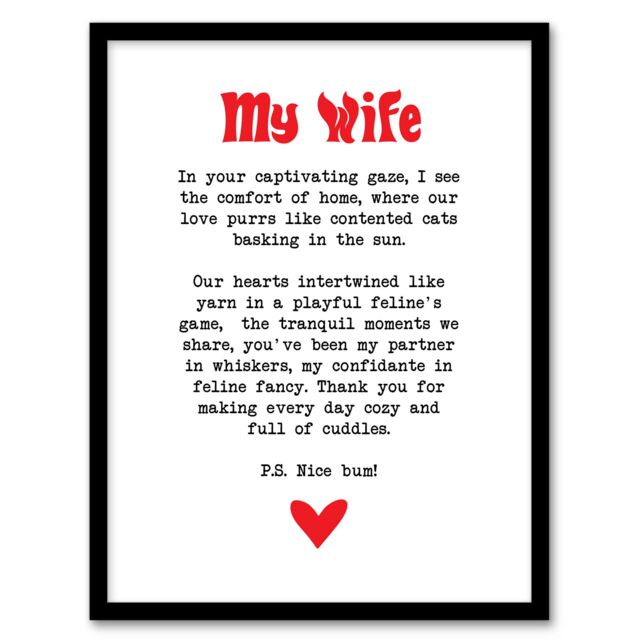 "Artery8 Love Poem Cat Lover Wife Romantic Poetry Fun Framed Art Print in White - Size: W12"" x H16""" - image 1