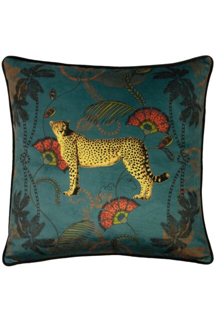 Paoletti Tropical Cheetah Printed Piped Cushion in Teal - Size: 45 cm x 45 cm - image 1