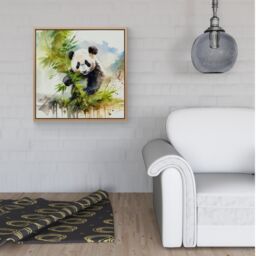 Warren Reed - Designer Panda Eating Bamboo Watercolour Framed Canvas in Light Brown - Size: w10 inch x h10 inch - thumbnail 2