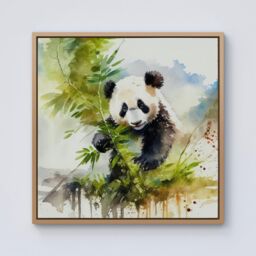 Warren Reed - Designer Panda Eating Bamboo Watercolour Framed Canvas in Light Brown - Size: w10 inch x h10 inch - thumbnail 1