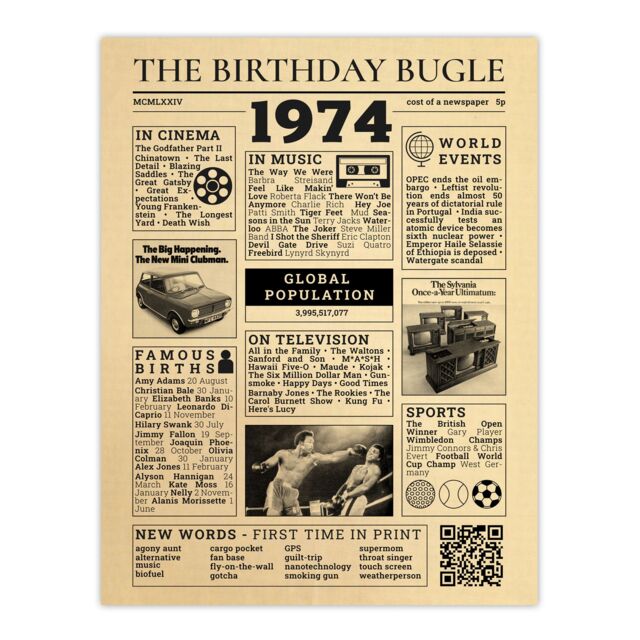 "Artery8 Wall Art Print 50th Birthday Age Anniversary Newspaper Aesthetic Born in 1974 in Medium Beige - Size: W12"" x H16""" - image 1