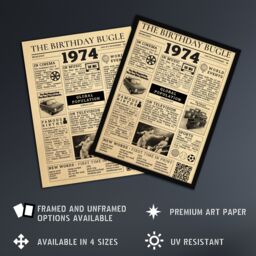 "Artery8 Wall Art Print 50th Birthday Age Anniversary Newspaper Aesthetic Born in 1974 in Medium Beige - Size: W12"" x H16""" - thumbnail 2