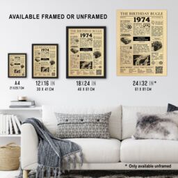 "Artery8 Wall Art Print 50th Birthday Age Anniversary Newspaper Aesthetic Born in 1974 in Medium Beige - Size: W12"" x H16""" - thumbnail 3