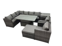 Fimous 9-seater Rattan Garden Furniture Dining Set with Big Stool Side Table in Dark Grey - thumbnail 1