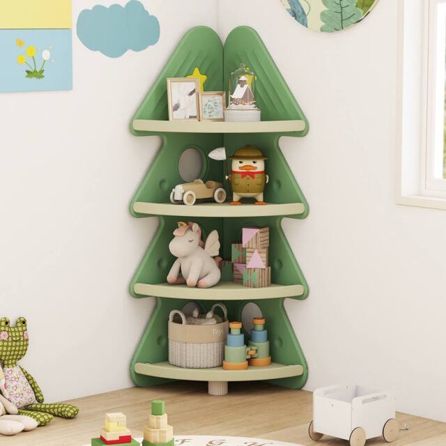 Costway 4-Tier Kids Corner Bookshelf Christmas Tree Bookcase Toy Storage Rack in Green - image 1