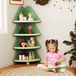 Costway 4-Tier Kids Corner Bookshelf Christmas Tree Bookcase Toy Storage Rack in Green - thumbnail 3