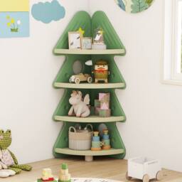 Costway 4-Tier Kids Corner Bookshelf Christmas Tree Bookcase Toy Storage Rack in Green - thumbnail 1
