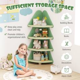 Costway 4-Tier Kids Corner Bookshelf Christmas Tree Bookcase Toy Storage Rack in Green - thumbnail 5