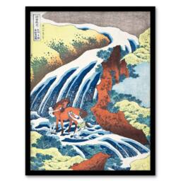 Artery8 Hokusai Framed Wall Art Waterfall Where Yoshitsune Washed His Horse in Blue - Size: A4 - thumbnail 1