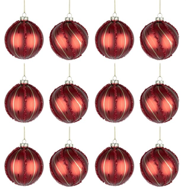 Shatchi Christmas Glass Baubles 12pcs Set - 8cm Red Ornaments with 2 Beautiful Festive Designs - image 1