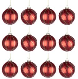 Shatchi Christmas Glass Baubles 12pcs Set - 8cm Red Ornaments with 2 Beautiful Festive Designs - thumbnail 1