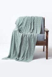Homescapes Cotton Cable Knit Throw Soft & Cosy Vintage Blanket in Duck Egg Blue - Size: 130 cm x 170 cm - thumbnail 1
