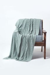 Homescapes Cotton Cable Knit Throw Soft & Cosy Vintage Blanket in Duck Egg Blue - Size: 130 cm x 170 cm - thumbnail 2