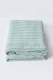 Homescapes Cotton Cable Knit Throw Soft & Cosy Vintage Blanket in Duck Egg Blue - Size: 130 cm x 170 cm - thumbnail 3