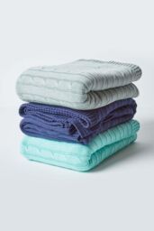 Homescapes Cotton Cable Knit Throw Soft & Cosy Vintage Blanket in Duck Egg Blue - Size: 130 cm x 170 cm - thumbnail 6