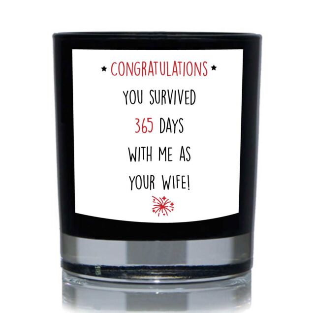 60 SECOND MAKEOVER Congratulations You Survived 365 Days With Me As Your Wife Funny 20cl Candle in Black