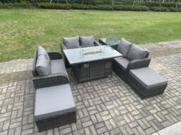 Fimous Rattan Outdoor Garden Furniture Sofa Set Gas Fire Pit Dining Table Gas Heater with Side Table Love Sofa 2 Big Footstool in Dark Grey - thumbnail 3
