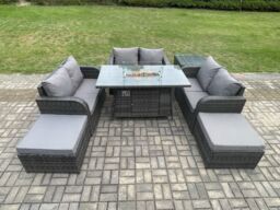 Fimous Rattan Outdoor Garden Furniture Sofa Set Gas Fire Pit Dining Table Gas Heater with Side Table Love Sofa 2 Big Footstool in Dark Grey - thumbnail 1