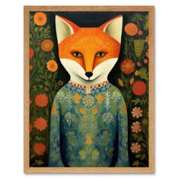 "Artery8 Wall Art Print Fox Flaunting Fancy Floral Frock Felicia Flower Field Fun Art Framed in Light Oak - Size: W12"" x H16""" - thumbnail 1