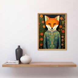 "Artery8 Wall Art Print Fox Flaunting Fancy Floral Frock Felicia Flower Field Fun Art Framed in Light Oak - Size: W12"" x H16""" - thumbnail 2