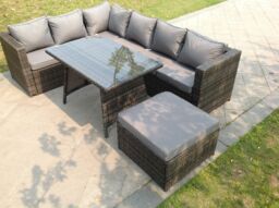 Fimous 7 Seater Grey Rattan Sofa Dining Set Table Footstool Garden Furniture Outdoor in Dark Grey - thumbnail 1