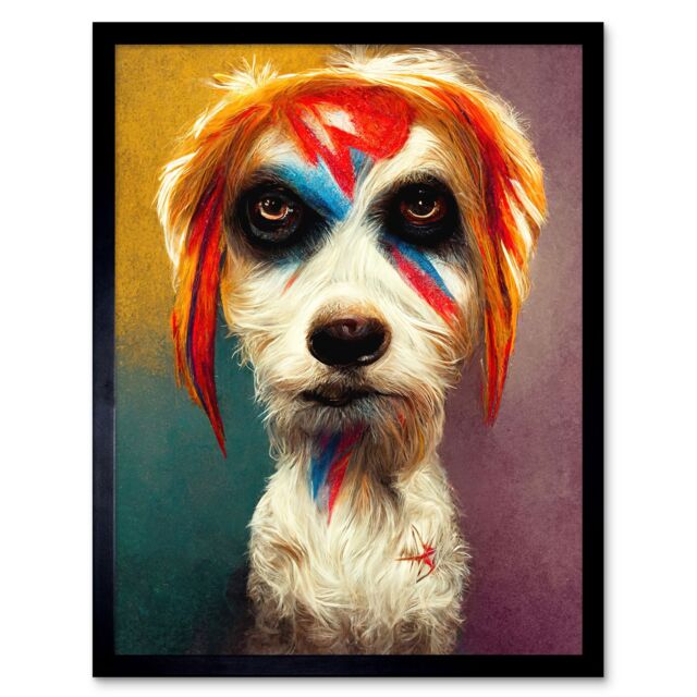 "Artery8 Wall Art Print Aladdin Sane Ziggy Stardust Terrier Dog Fun Quirky Painting Art Framed in Black - Size: W12"" x H16""" - image 1
