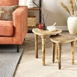 Wyld and Coco Nesting Side Tables Set 2 Hand Carved Mango Wood Triangular Tops in Brown - thumbnail 1