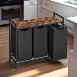 Pirlo Plush Industrial 3 Compartment Laundry Basket With Removeable Bags in Brown - thumbnail 4
