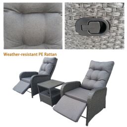 FURNITURE ONE 3 Pieces Patio Lounge Chair Set with Ice Bucket, Reclining Chairs Set in Grey - thumbnail 4