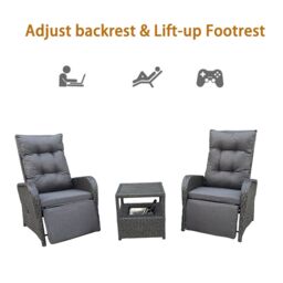 FURNITURE ONE 3 Pieces Patio Lounge Chair Set with Ice Bucket, Reclining Chairs Set in Grey - thumbnail 3
