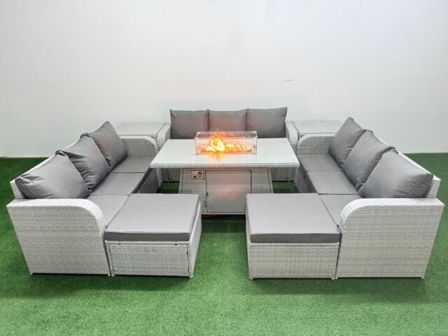 Fimous PE Rattan Lounge Sofa Set 11 Seater Outdoor Garden Furniture Set w/ Firepit Dining Table 3 Seater Sofa 2 Big Footstools 2 Side Table Light Grey - image 1
