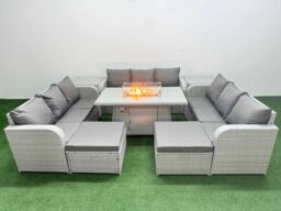 Fimous PE Rattan Lounge Sofa Set 11 Seater Outdoor Garden Furniture Set w/ Firepit Dining Table 3 Seater Sofa 2 Big Footstools 2 Side Table Light Grey - thumbnail 1