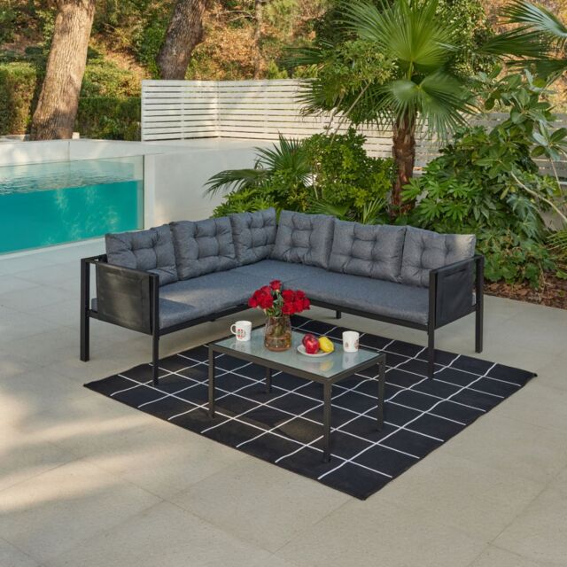 Home Detail Tara Black L-Shape Garden Sofa Set with Grey Cushions - image 1