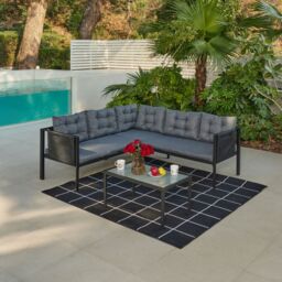 Home Detail Tara Black L-Shape Garden Sofa Set with Grey Cushions