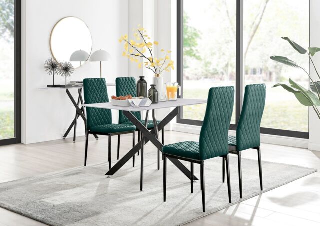 FurnitureboxUK Leonardo White Glass Marble Effect Black Leg Table & 4 Velvet Milan Black Leg Chairs in Green - image 1